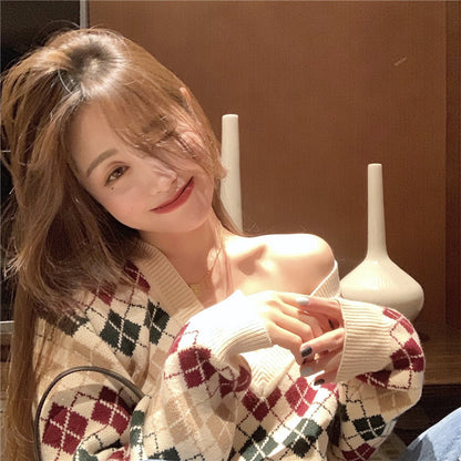 V-neck retro diamond plaid loose pullover core-spun yarn sweater women