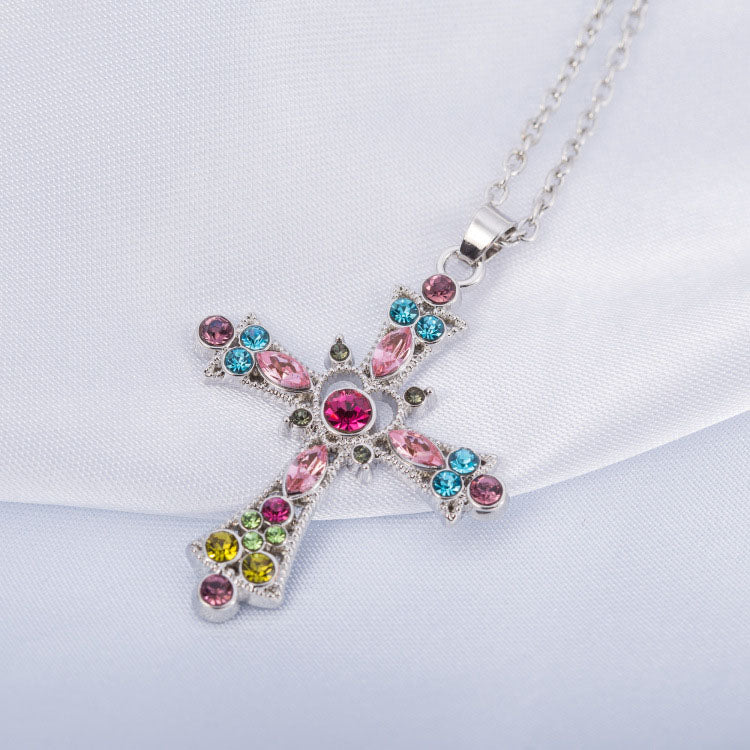 Cross Christianity - Crystal Diamond Color Cross Pendant Girls Clavicle Necklace Jewelry