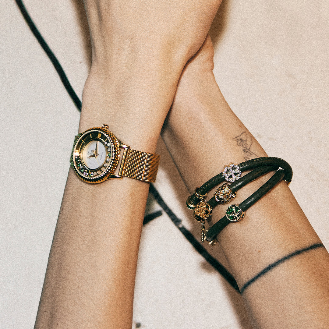 Shimmery Clover - Charm 4 mm with Bracelet - Polished Gold-Plated Sterling Silver with 37 Cubic Zirconia