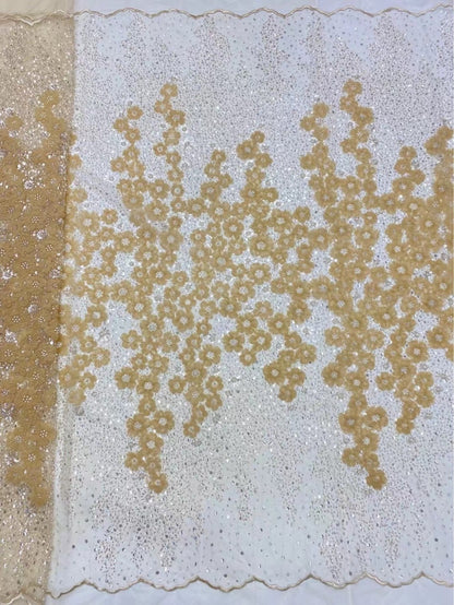 Besticktes Netzgewebe, dreidimensionales modernes Kleid, perlenbesetzter Hochzeitsstoff