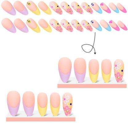 Rainbow Small Flower Wear Drop Shape Pointed Toe Nail Tip Rhinestone Wearable French