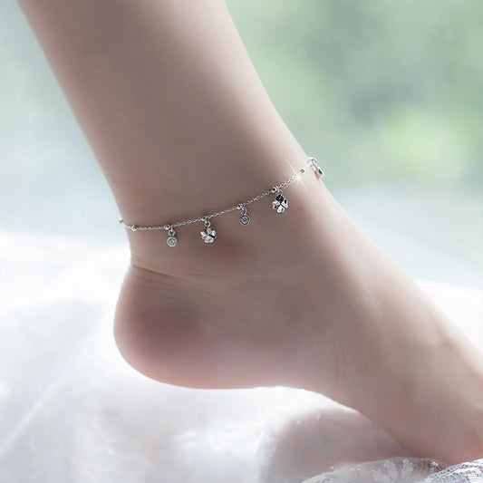 Four Leaf Clover Sterling Silver Anklet Korean Fashion Fresh Silver Jewelry S925 Sterling Silver Single Diamond Anklet Women's Style