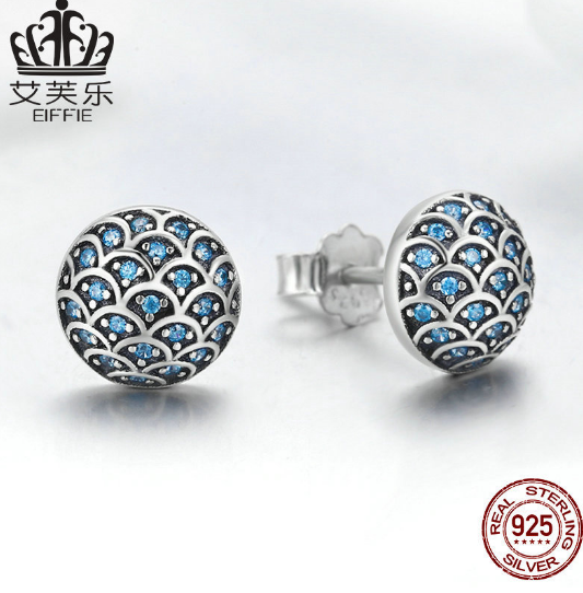 New S925 Sterling Silver Wave Pattern Earrings Inlaid With Blue Crystal Earrings Korean Version Of Silver Jewelry