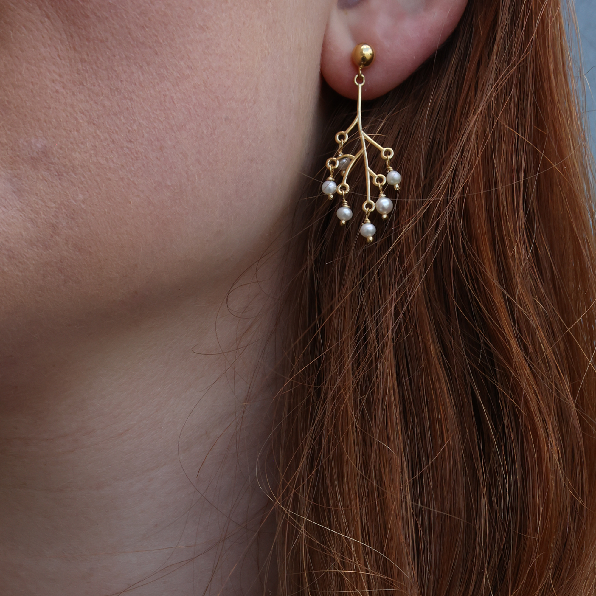 Cherry tree Dangle Earring - Polished Gold Plated Sterling Silver with 12 white Freshwater Pearls