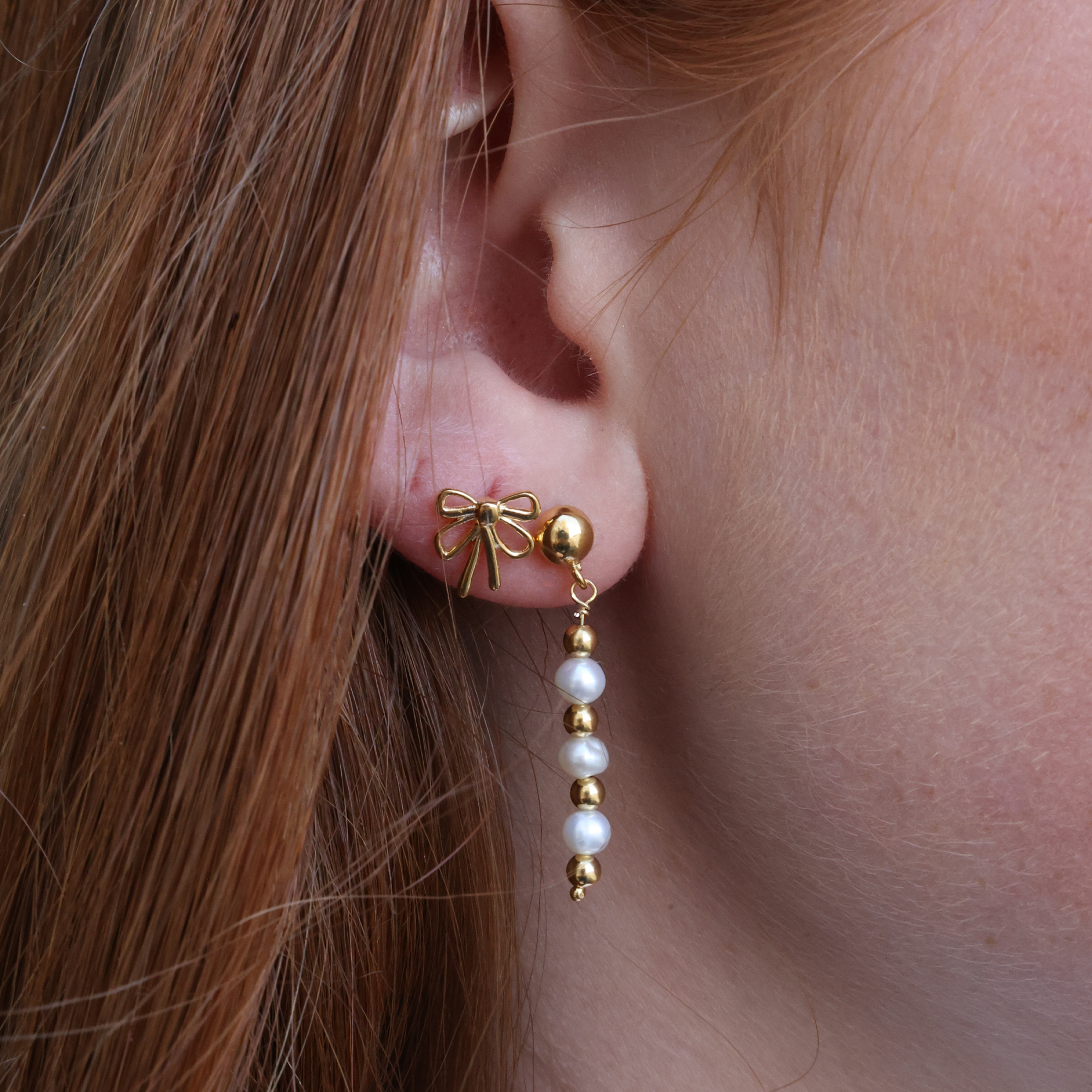 Pearl mix Dangle Earring - Polished Gold Plated Sterling Silver with 6 white Freshwater Pearls