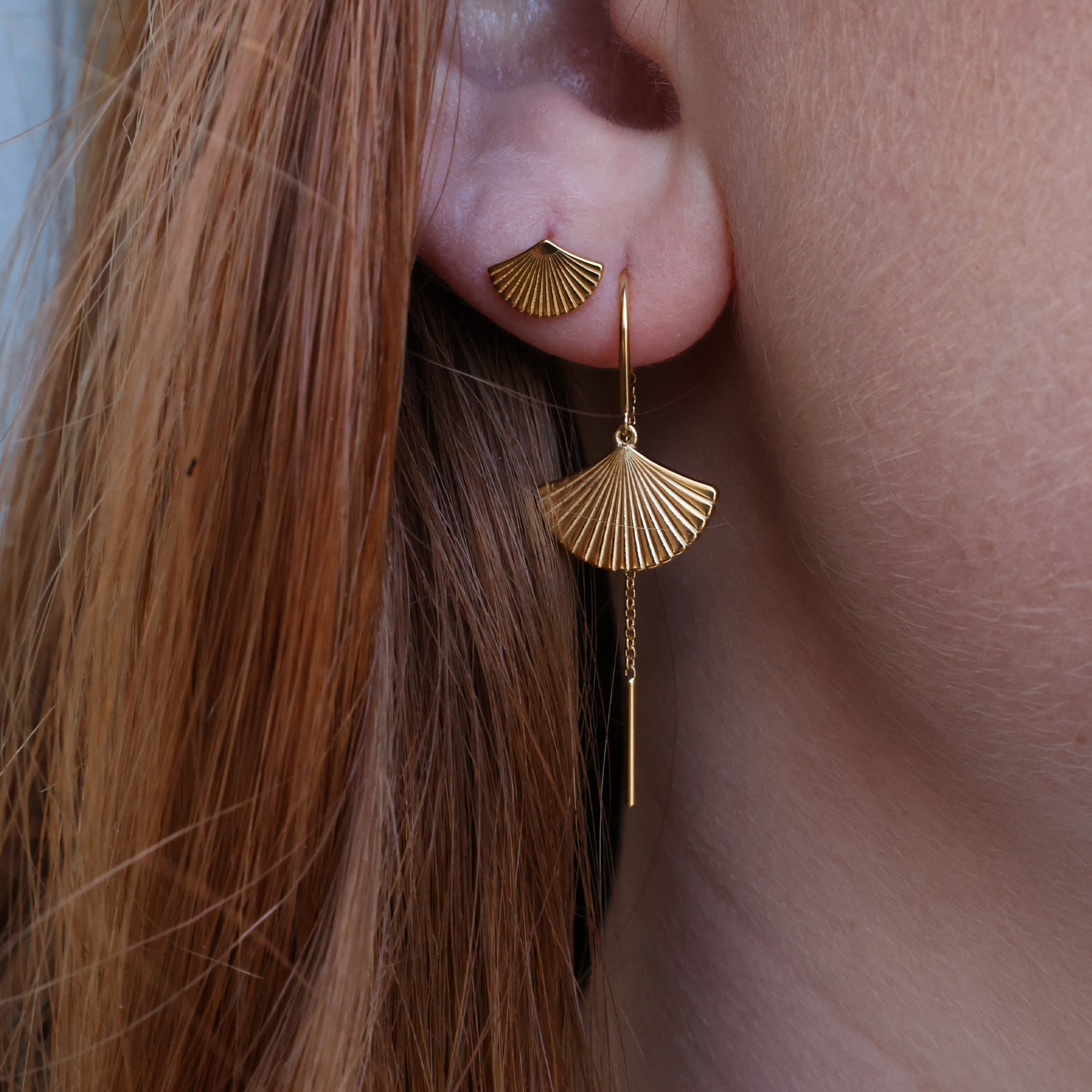 Fan Stud Earrings - Polished Gold Plated Sterling Silver