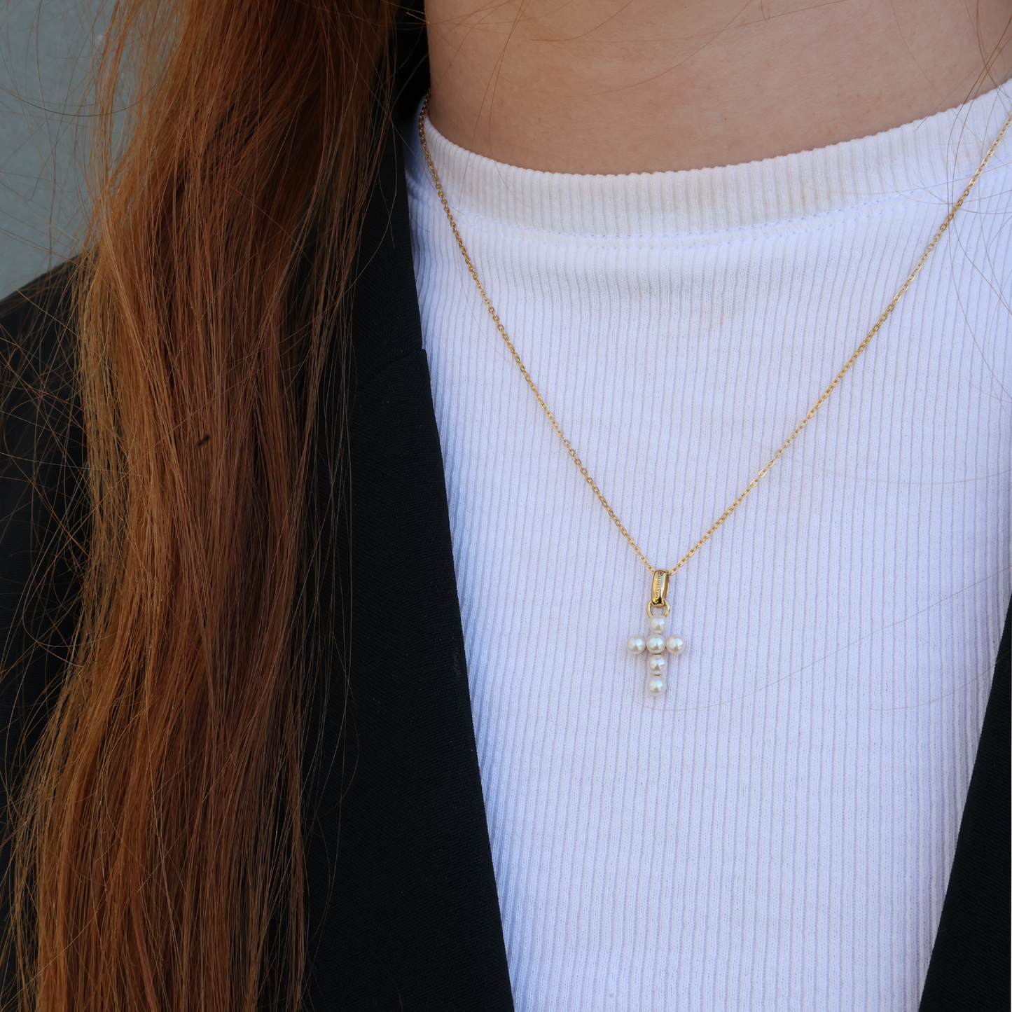 Pearl Cross Earring Pendant - Polished Gold Plated Sterling Silver with 6 Ferskvandsperler