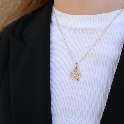 Shimmery Clover Earring Pendant - Polished Gold Plated Sterling Silver with 37 Cubic Zirkonia