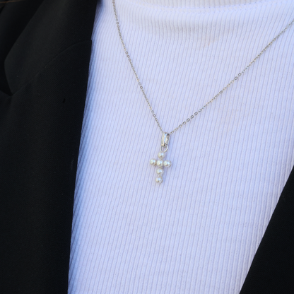 Pearl Cross Earring Pendant - Polished Sterling Silver with 6 Ferskvandsperler