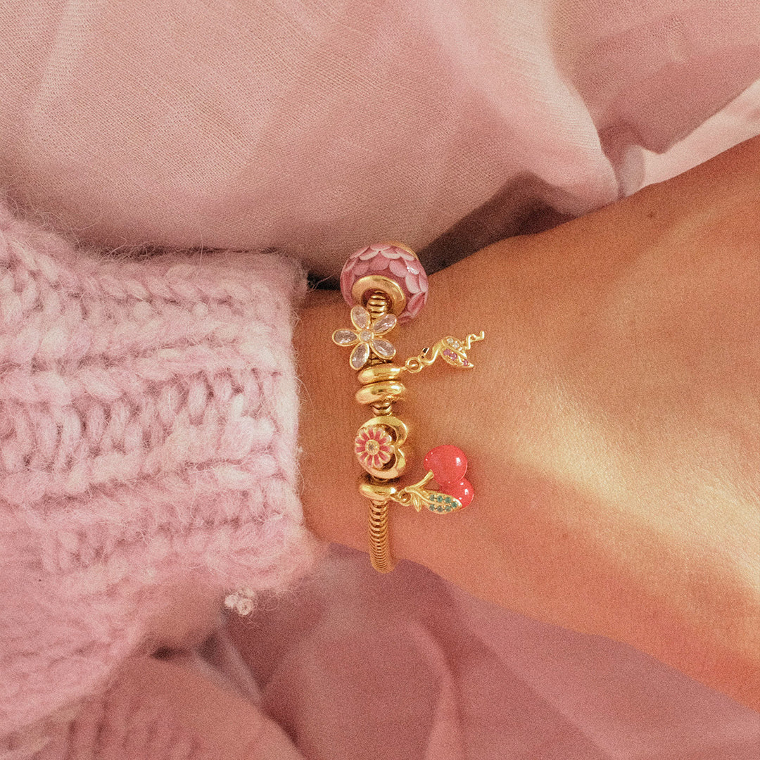 Magical Pink Flower - Charm 4 mm with Bracelet - Gold-Plated Sterling Silver with 6 Cubic Zirconia