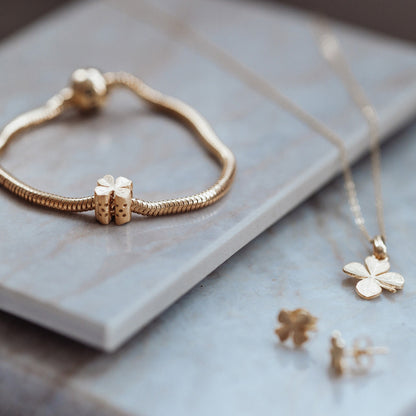 Four Leaf Clover - Charm 4 mm with Bracelet - Brushed Golded Sterling Silvert