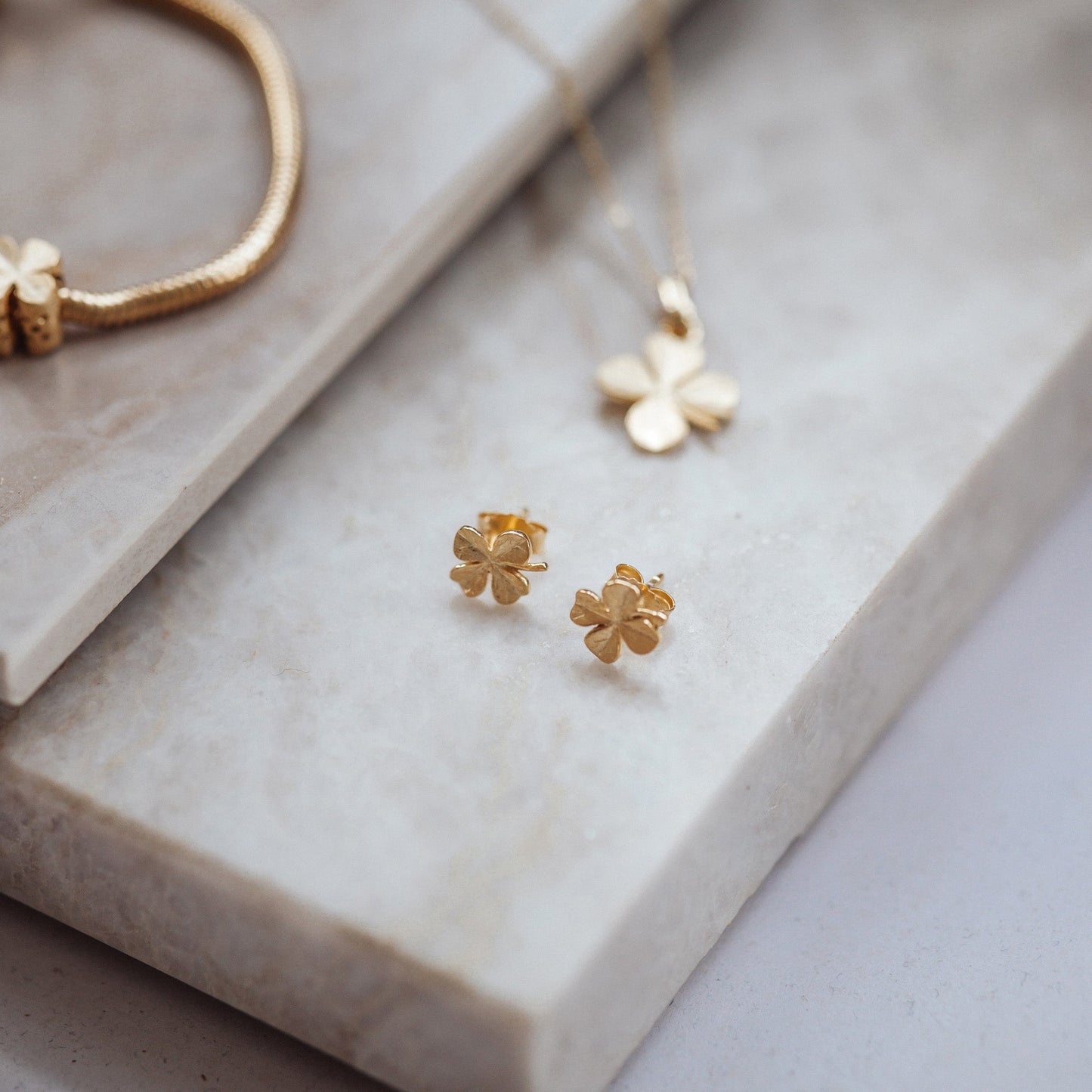 FoWatch Leaf Clover Stud Earrings - Brushed Gold Plated Sterling Silver