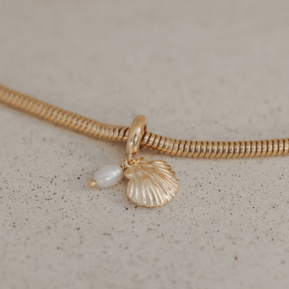Clam shell - Dangle Charm 4 mm with Bracelet - Polished Gold-Plated Sterling Silver with 1 Freshwater Pearl