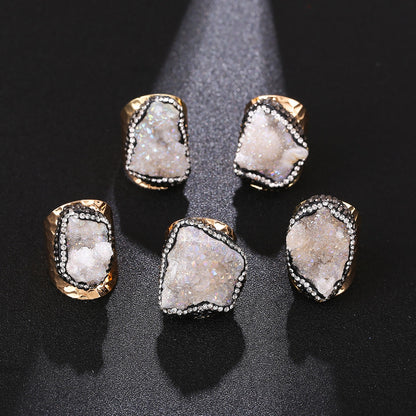 Irregular natural crystal cluster ring, original stone crystal set with diamonds, natural stone gold-plated handmade jewelry