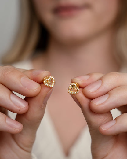 Shimmery Heart Stud Earrings - Polished Gold Plated Sterling Silver with 36 white Cubic Zirkonia