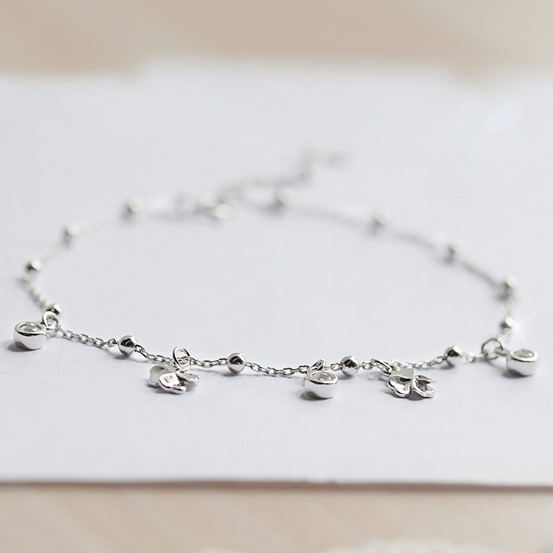 Four Leaf Clover Sterling Silver Anklet Korean Fashion Fresh Silver Jewelry S925 Sterling Silver Single Diamond Anklet Women's Style