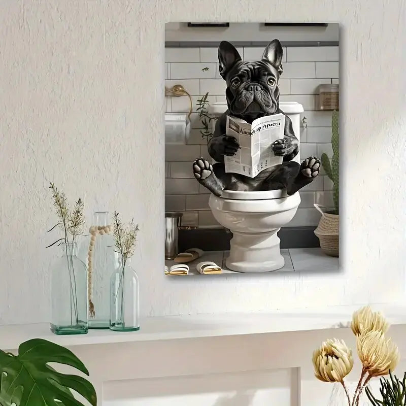 Lustige französische Bulldogge auf der Toilette – Leinwanddruck – Wanddekoration, perfektes Geschenk und Deko-Element