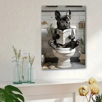 Lustige französische Bulldogge auf der Toilette – Leinwanddruck – Wanddekoration, perfektes Geschenk und Deko-Element