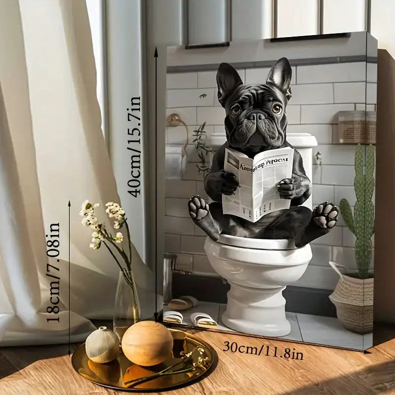 Lustige französische Bulldogge auf der Toilette – Leinwanddruck – Wanddekoration, perfektes Geschenk und Deko-Element