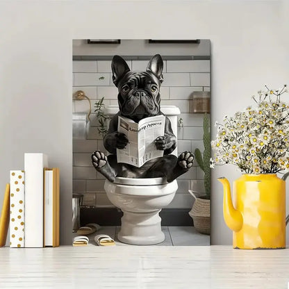 Lustige französische Bulldogge auf der Toilette – Leinwanddruck – Wanddekoration, perfektes Geschenk und Deko-Element