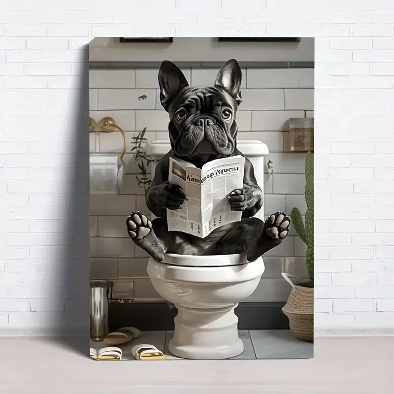 Lustige französische Bulldogge auf der Toilette – Leinwanddruck – Wanddekoration, perfektes Geschenk und Deko-Element
