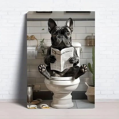 Lustige französische Bulldogge auf der Toilette – Leinwanddruck – Wanddekoration, perfektes Geschenk und Deko-Element