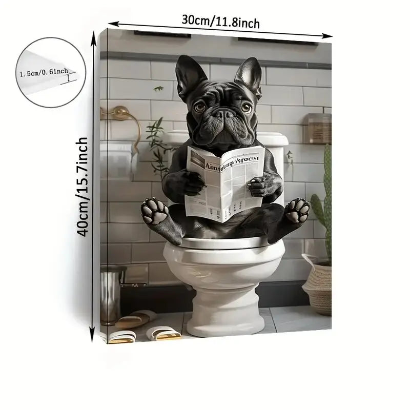 Lustige französische Bulldogge auf der Toilette – Leinwanddruck – Wanddekoration, perfektes Geschenk und Deko-Element