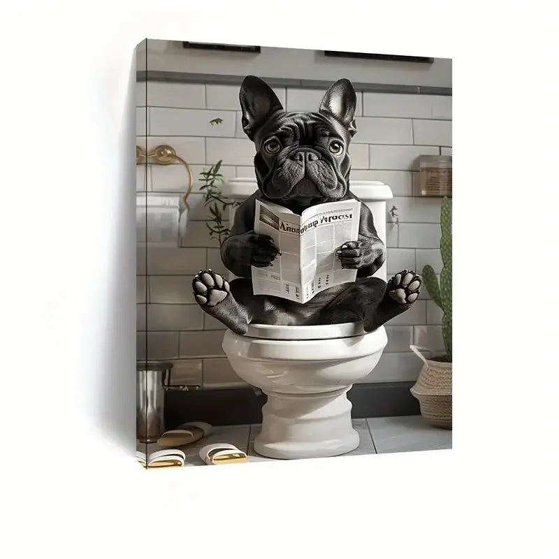 Lustige französische Bulldogge auf der Toilette – Leinwanddruck – Wanddekoration, perfektes Geschenk und Deko-Element