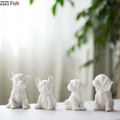 Lovely Puppy Ceramic Sculpture French Bulldog Ornaments Crafts White Dog Miniature Figurines Desk Decoration Animal Statue