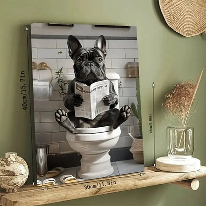 Lustige französische Bulldogge auf der Toilette – Leinwanddruck – Wanddekoration, perfektes Geschenk und Deko-Element