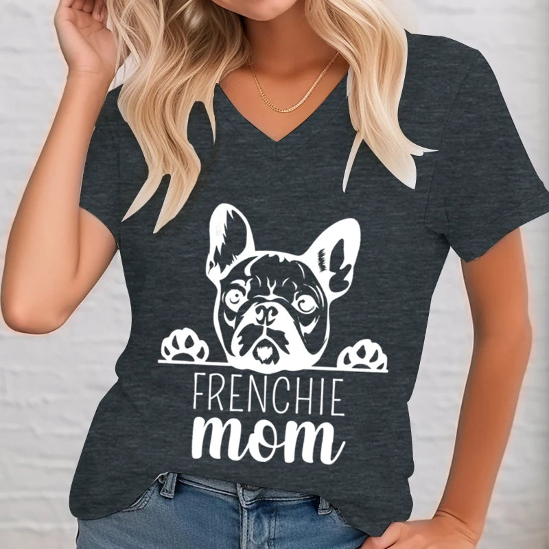 Frenchie Mom Shirt Women V-neck French Bulldog Graphic Tee Animal Lover Shirt French Bulldog Dog Owner Gift Ideas T-shirt Female