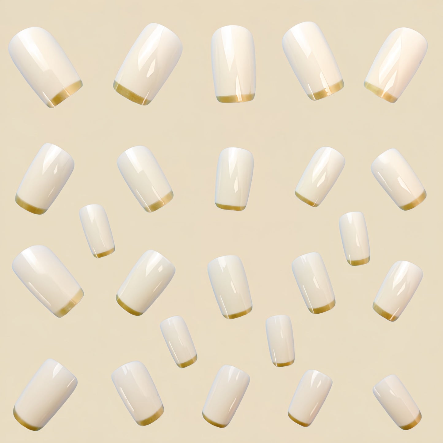 Mittellanges europäisches quadratisches Nagel-Patch, weiß, French mit goldenem Rand