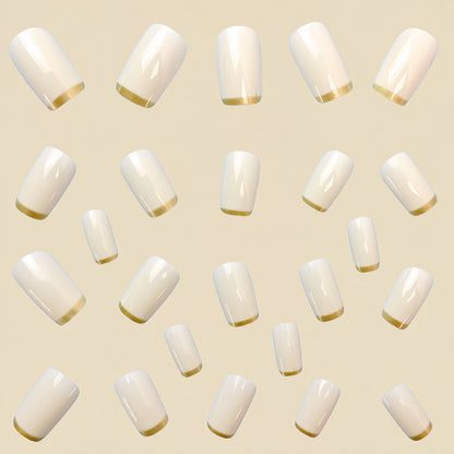 Mittellanges europäisches quadratisches Nagel-Patch, weiß, French mit goldenem Rand