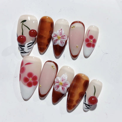 Bernstein-Mandel-Nageldesign, dreidimensional geschnitzt, Herbst- und Winter-Kirsche