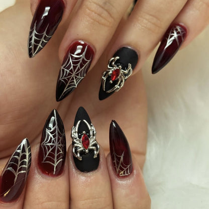 Halloween-Nagelsticker mit Spinnennetz-Motiv, dunkelschwarz, schwarz-rot mit Farbverlauf