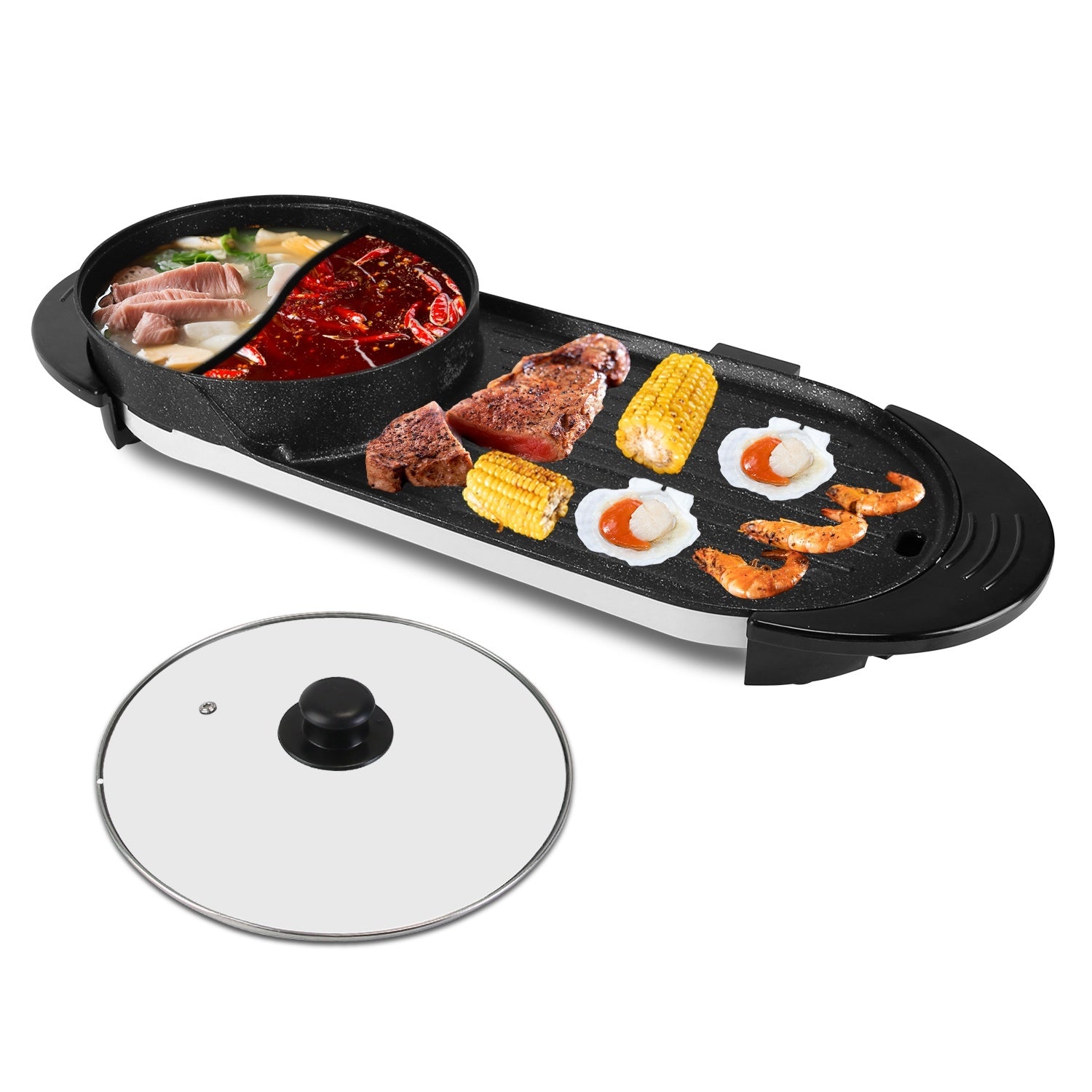 2200-W-Elektro-Hot-Pot mit integriertem Grill (2-in-1), rauchfrei, antihaftbeschichtet, ideal für koreanisches BBQ, Shabu Shabu und andere Speisen. Unabhängige Temperaturregelung und 5 Leistungsstufen für 2–10 Personen.