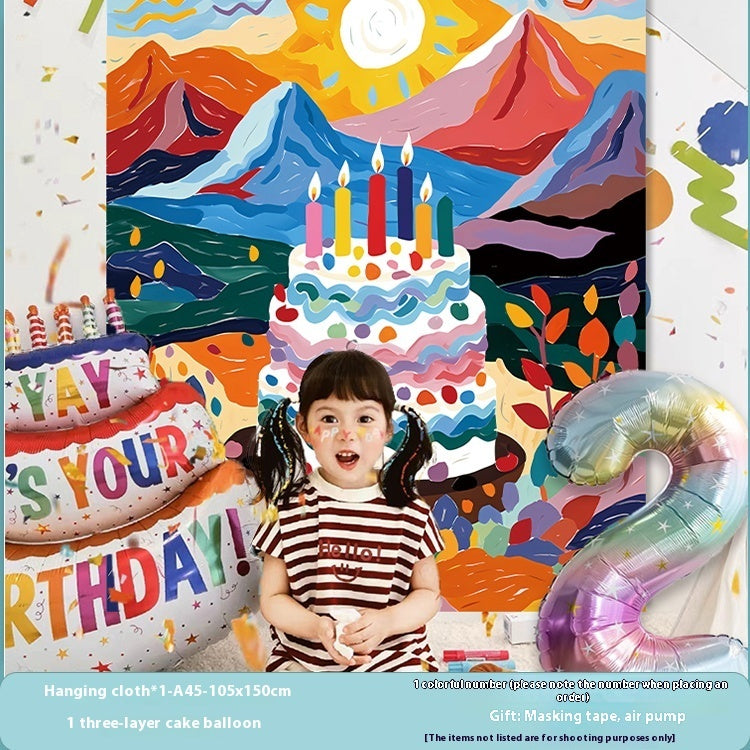 Birthday Party Layout Cake Hanging Cloth Children Background Wall