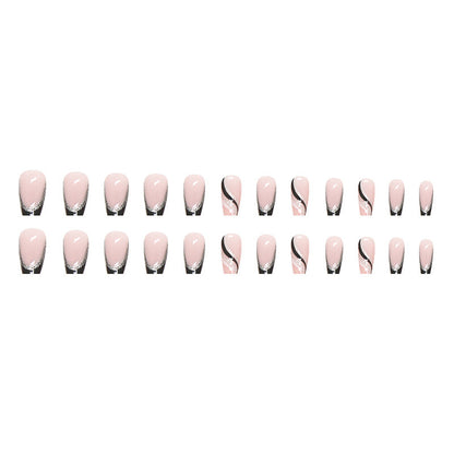 Mid-length Square Black Glitter French Nail Sticker