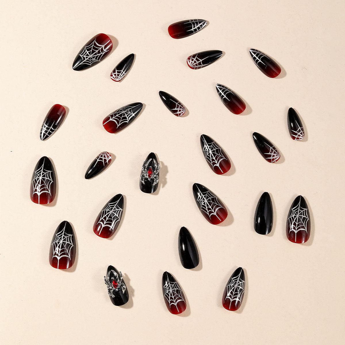 Halloween-Nagelsticker mit Spinnennetz-Motiv, dunkelschwarz, schwarz-rot mit Farbverlauf