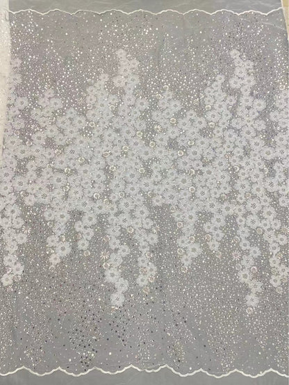 Besticktes Netzgewebe, dreidimensionales modernes Kleid, perlenbesetzter Hochzeitsstoff