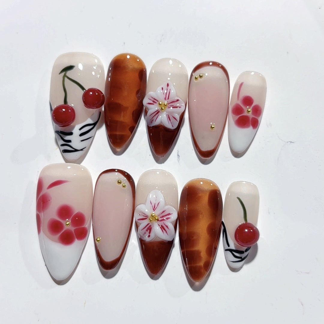 Bernstein-Mandel-Nageldesign, dreidimensional geschnitzt, Herbst- und Winter-Kirsche