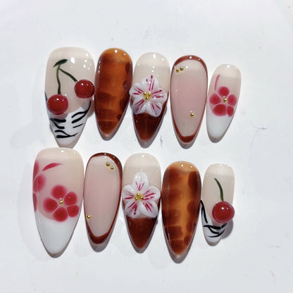 Bernstein-Mandel-Nageldesign, dreidimensional geschnitzt, Herbst- und Winter-Kirsche