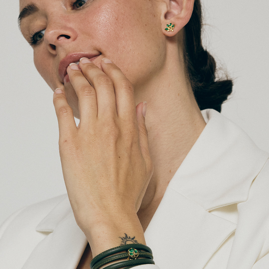 Green Family Tree Stud Earrings - Gold Plated Sterling Silver with 8 Greenne Cubic Zirkonia