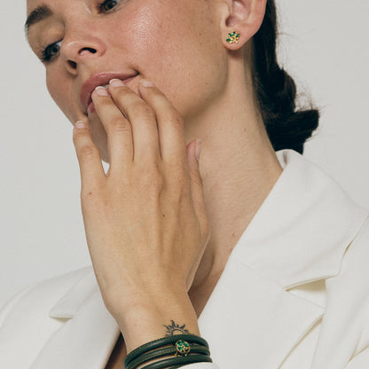 Green Family Tree Stud Earrings - Gold Plated Sterling Silver with 8 Greenne Cubic Zirkonia