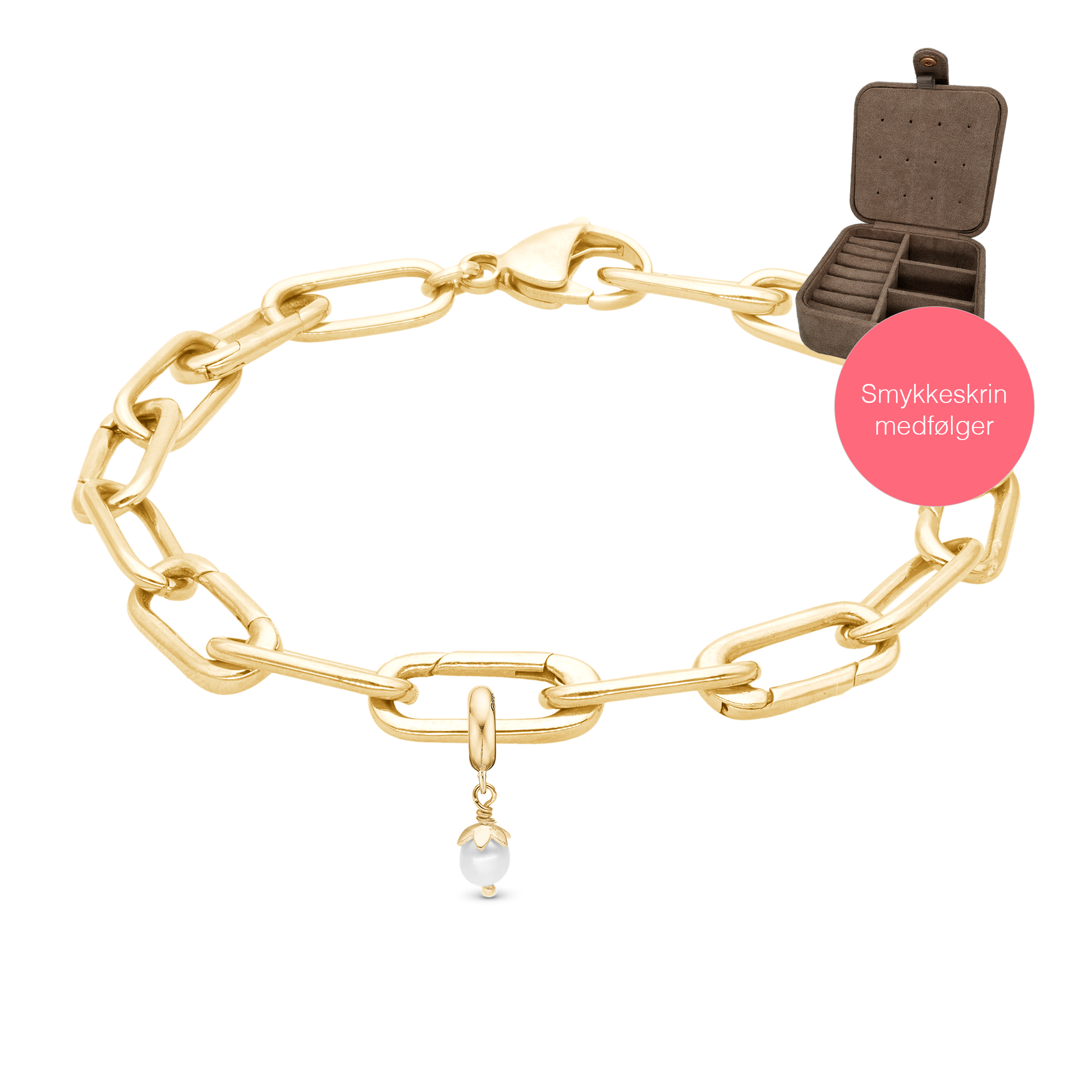 Link Bracelet og charm med perle i Gold Plated sterling sølv 