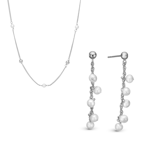 Elegant Pearl Drops sæt, Silver